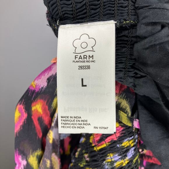 FARM RIO Black Ikat Dyed Leopard Mini Dress Flower Embellished Smocked Large - Picture 4 of 5